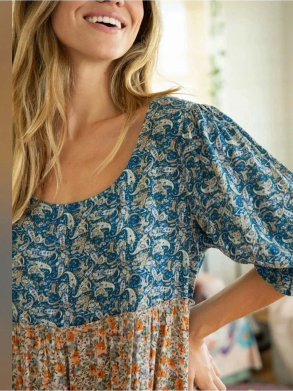 NATURAL LIFE Blue and Rust Floral Tiered Maxi Dress - Picture 2 of 8
